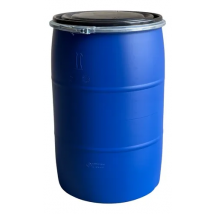 Tambor de plástico color azul, de boca ancha y tapa negra con arillo, 200 litros